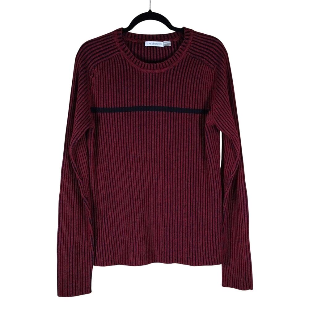 Chereksin Sweater Men’s Size Large Burgundy Black Striped Knit Pullover